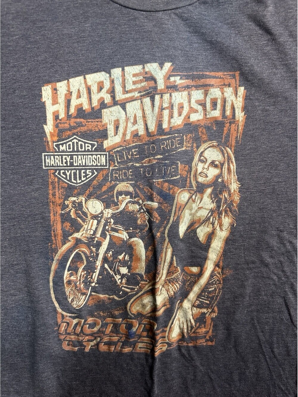 Harley Davidson Worth Kansas City MO Biker Girl Graphic T Shirt Blue XL